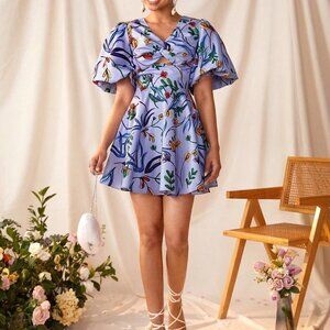 Purple Boho Womens Foral Prints Front Twisted Wrap Cut Out Back Detail Dress